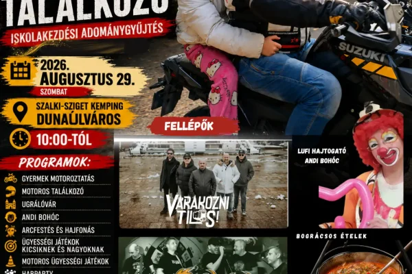 Jótékonysági Motoros Találkozó augusztus 29-én Dunaújváros Szalki Sziget. A motorozás számunkra nemcsak egy hobbi, hanem egy összetartó közösség is. Ezért augusztus 29-én a dunaújvárosi Szalki-sziget Kemping ad otthont a Rögös Út Jótékonysági Egyesület és a Motoros Vándorok és Motorral Szabadon Csapata álltal szervezett Nyárzáró Családi Nap és Motoros Találkozónak, ahol a motorok mellett ezúttal a segítségnyújtás kerül a középpontba. A rendezvény célja, hogy a befolyt támogatásokból rászoruló gyermekek iskolakezdését segítsük. A nap folyamán többek között: motoros találkozó, gyermekmotoroztatás közel 60 önkéntes motoros közreműködésével, motoros ügyességi játékok, habparty, ugrálóvár, arcfestés és hajfonás, lufihajtogatás, finom bográcsos ételek, élő koncertek és retro party várják a látogatókat. A rendezvény mindenki számára ingyenesen látogatható. Szeretettel várunk minden motorost, családot és érdeklődőt, hogy együtt bizonyítsuk: a motoros közösség nemcsak gurulni tud együtt, hanem segíteni is. 📍 Helyszín: Dunaújváros, Szalki-sziget Kemping 📅 Időpont: 2026. augusztus 29. (szombat) 10:00-tól Ha tehetitek, találkozzunk Dunaújvárosban!