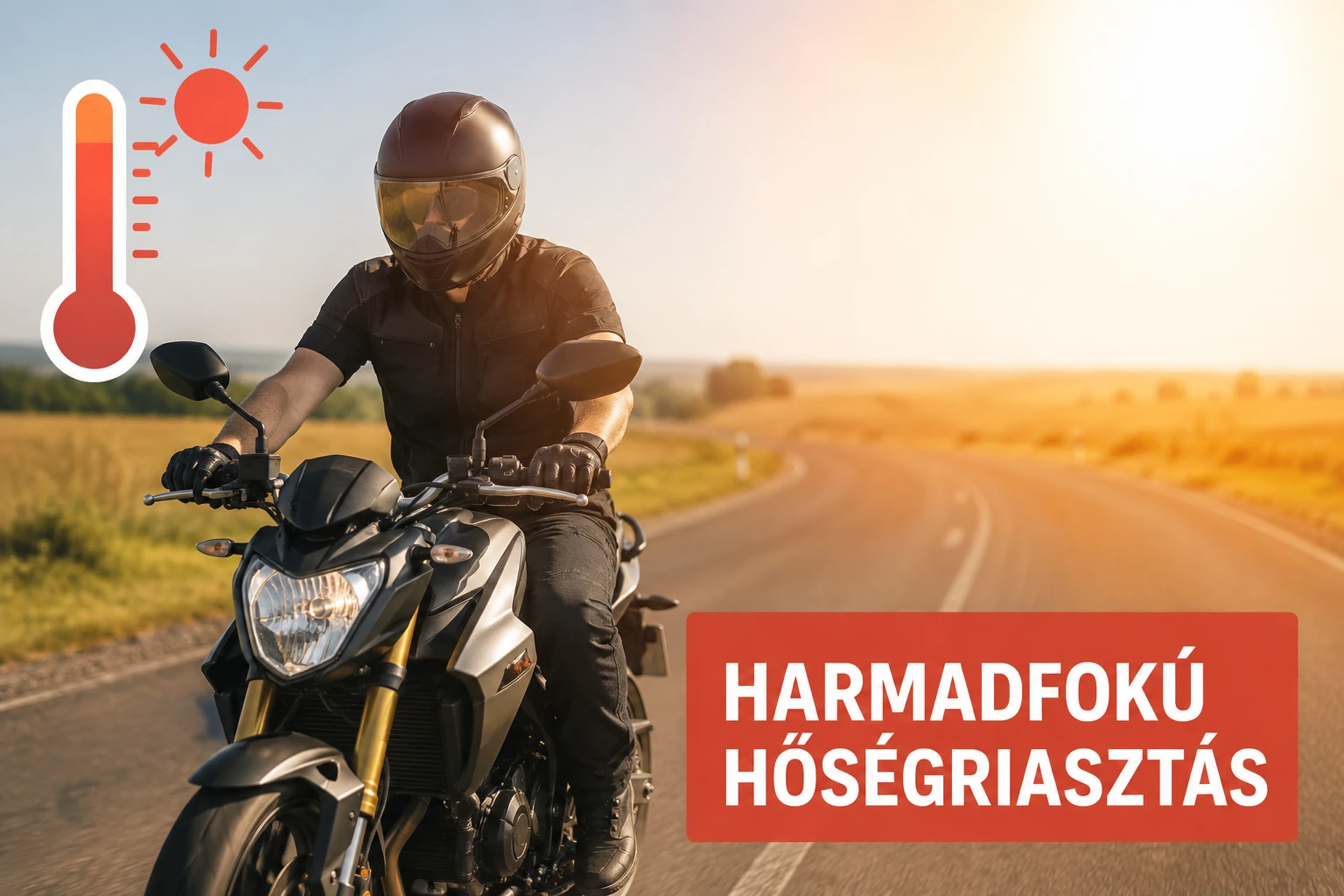 hőség veszélyei. motorozás hőségben? A képen egy motoros megy hőségben az úton