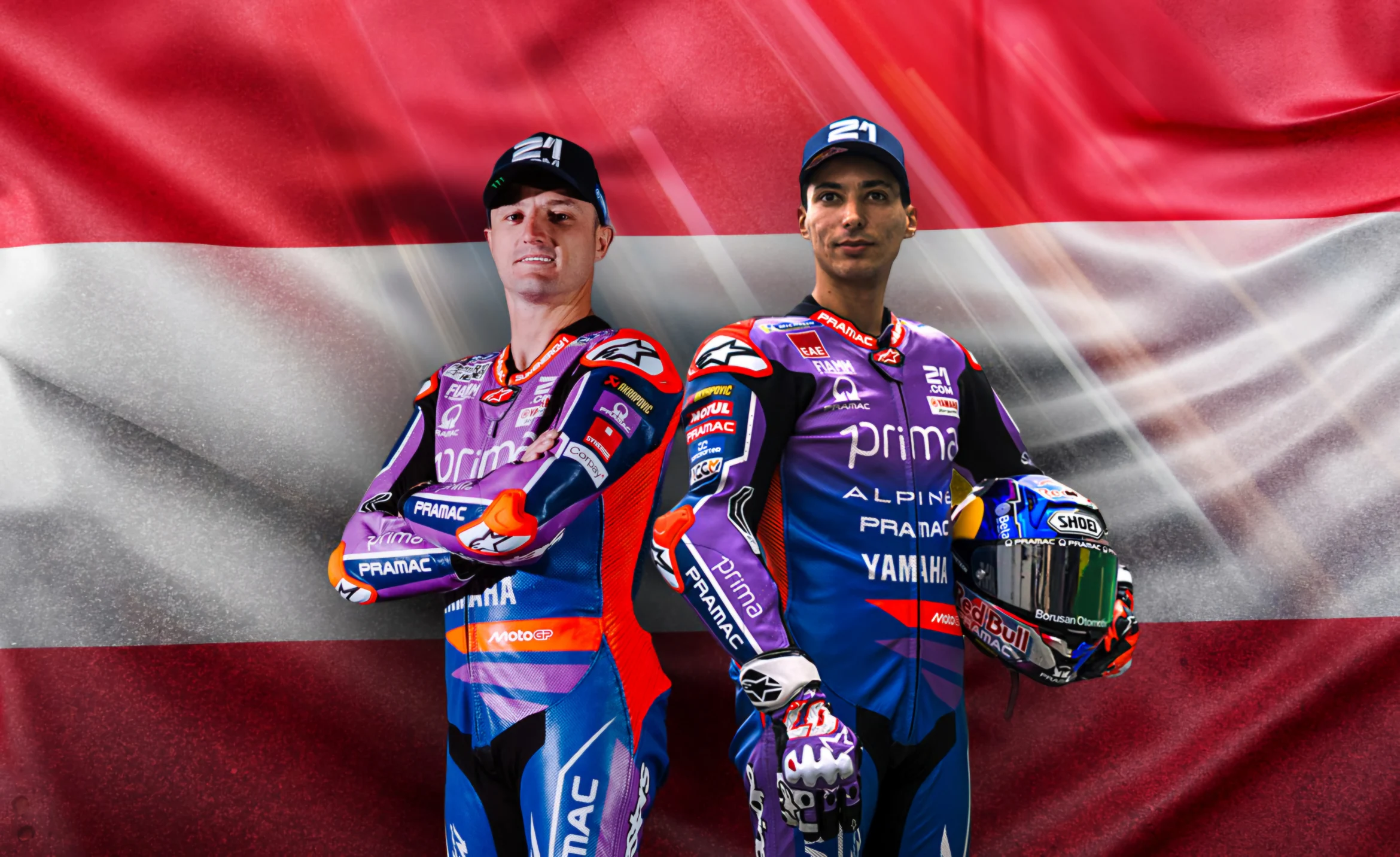 MotoGP versenyzője Toprak Razgatlıoğlu az Ausztriai zászló előtt. Teljesen új beállításokkal érkezik a Prima Pramac a Redbull ring pályára.