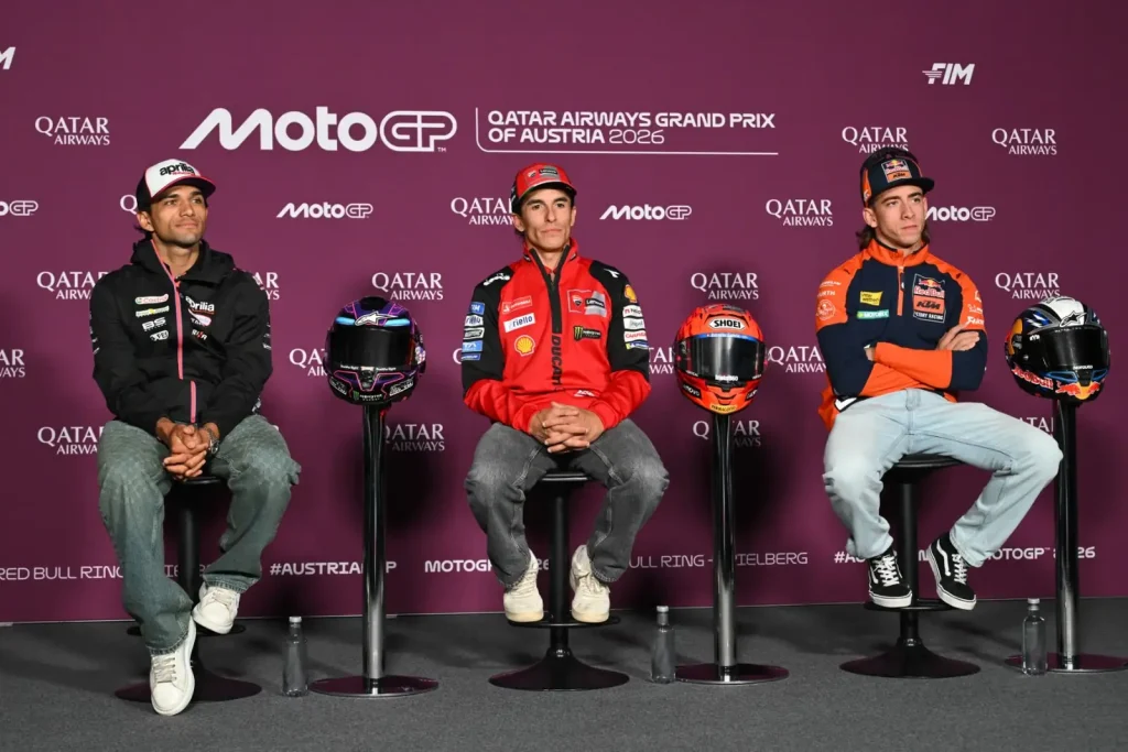 Jorge Martín, Marc Márquez és Pedro Acosta az Osztrák MotoGP 2026 sajtótájékoztatóján