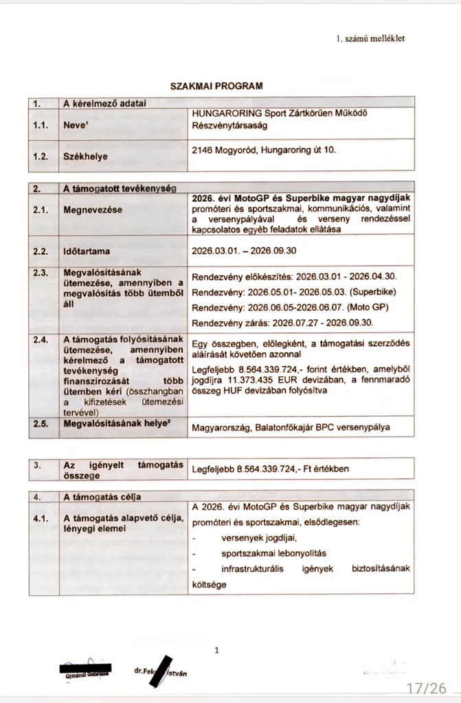 Magyar MotoGP támogatási szerződése ami bizonyítja, hogy a Magyar állam 8.56 Milliárd forintot adott a Hungaroring Zrt-nek, a MotoGP és a WorldSBK azaz Superbike megrendezésére.