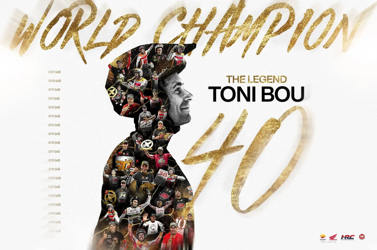 A Honda Toni Bou 40 világbajnoki címét ünneplő grafikája, a motoros portréjával és pályafutása pillanataival